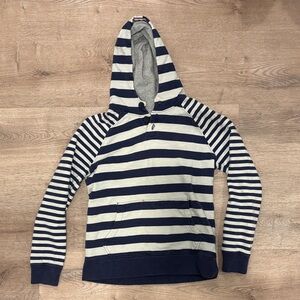 Mini Boden Navy and White Striped Hoodie Sweatshirt Top Jersey Lined 11 12